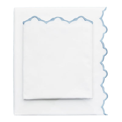 French Blue Scalloped Embroidered Sheet Set (Fitted, Flat, & Pillow Cases)
