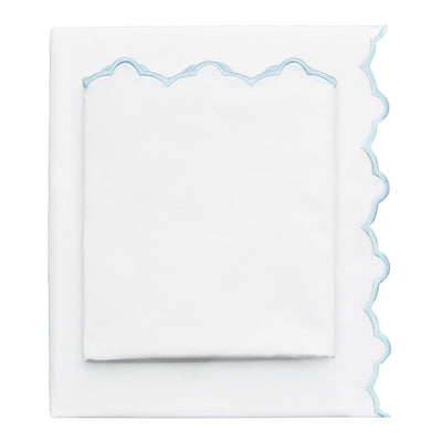 Light Blue Scalloped Embroidered Sheet Set (Fitted, Flat, & Pillow Cases)