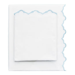Light Blue Scalloped Embroidered Sheet Set (Fitted, Flat, & Pillow Cases)