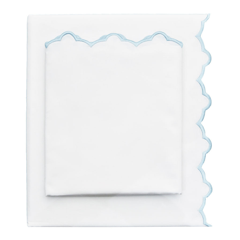 Bedroom inspiration and bedding decor | The Light Blue Scalloped Embroidered Sheet Sets | Crane and Canopy