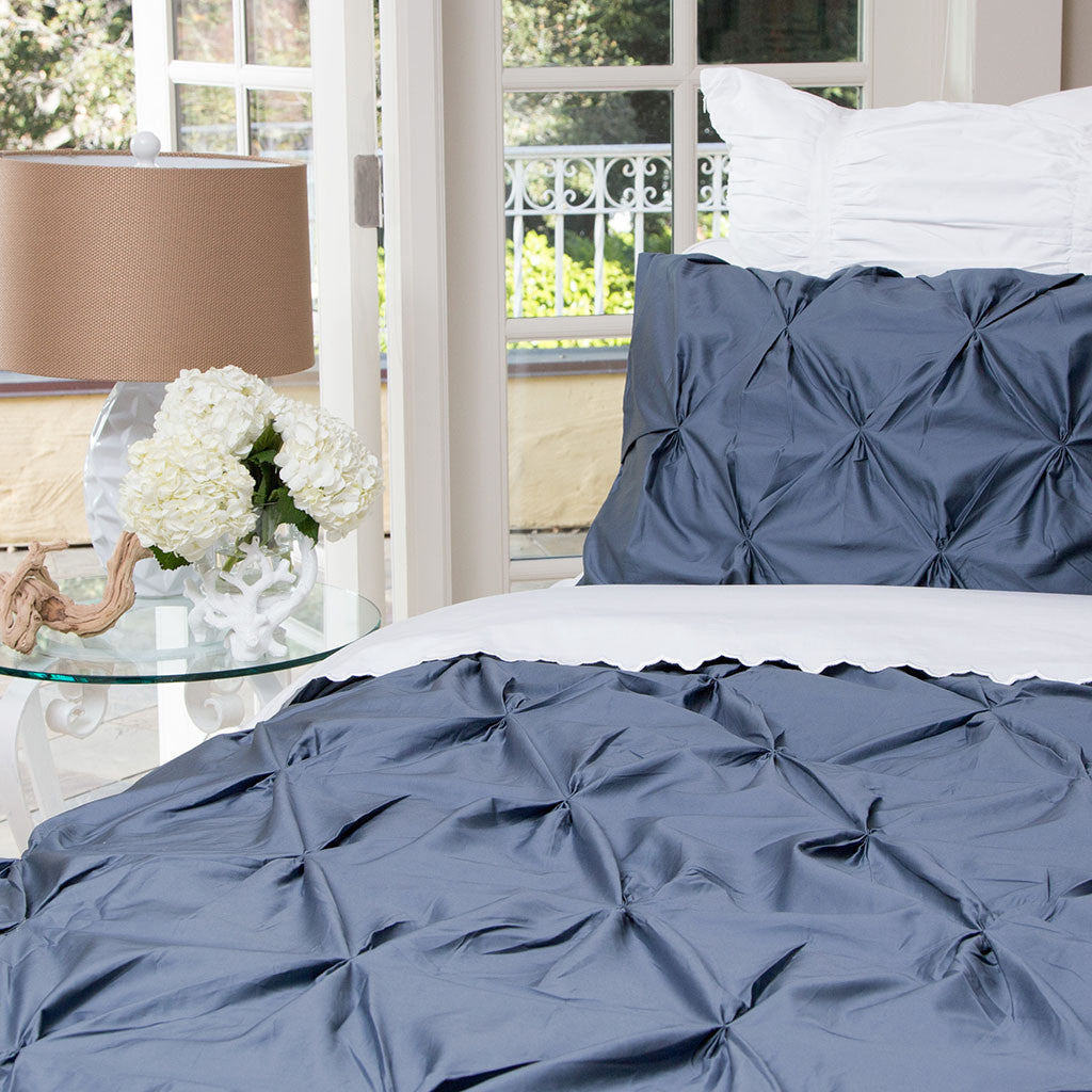 Bedroom inspiration and bedding decor | The Valencia Slate Blue Pintuck Duvet Cover | Crane and Canopy